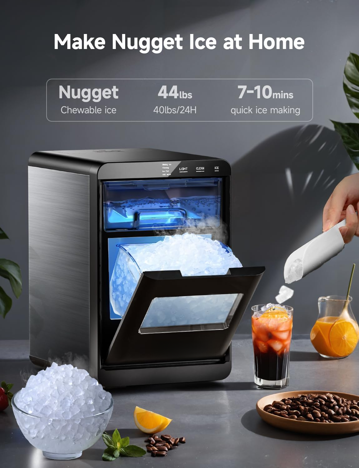 44Lbs/24H Countertop Nugget Ice Maker, Self-Cleaning Pebble Ice Machine