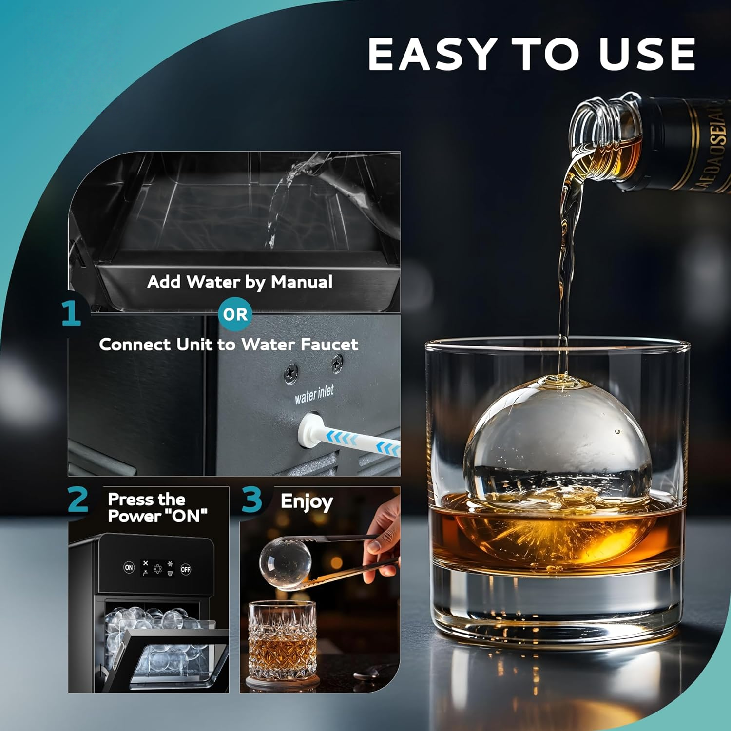 Countertop Ice Ball Maker, 144Pcs/Day, 4Pcs in 40Mins, Self-Cleaning Sphere Ice Machine for Whiskey Brandy Rum