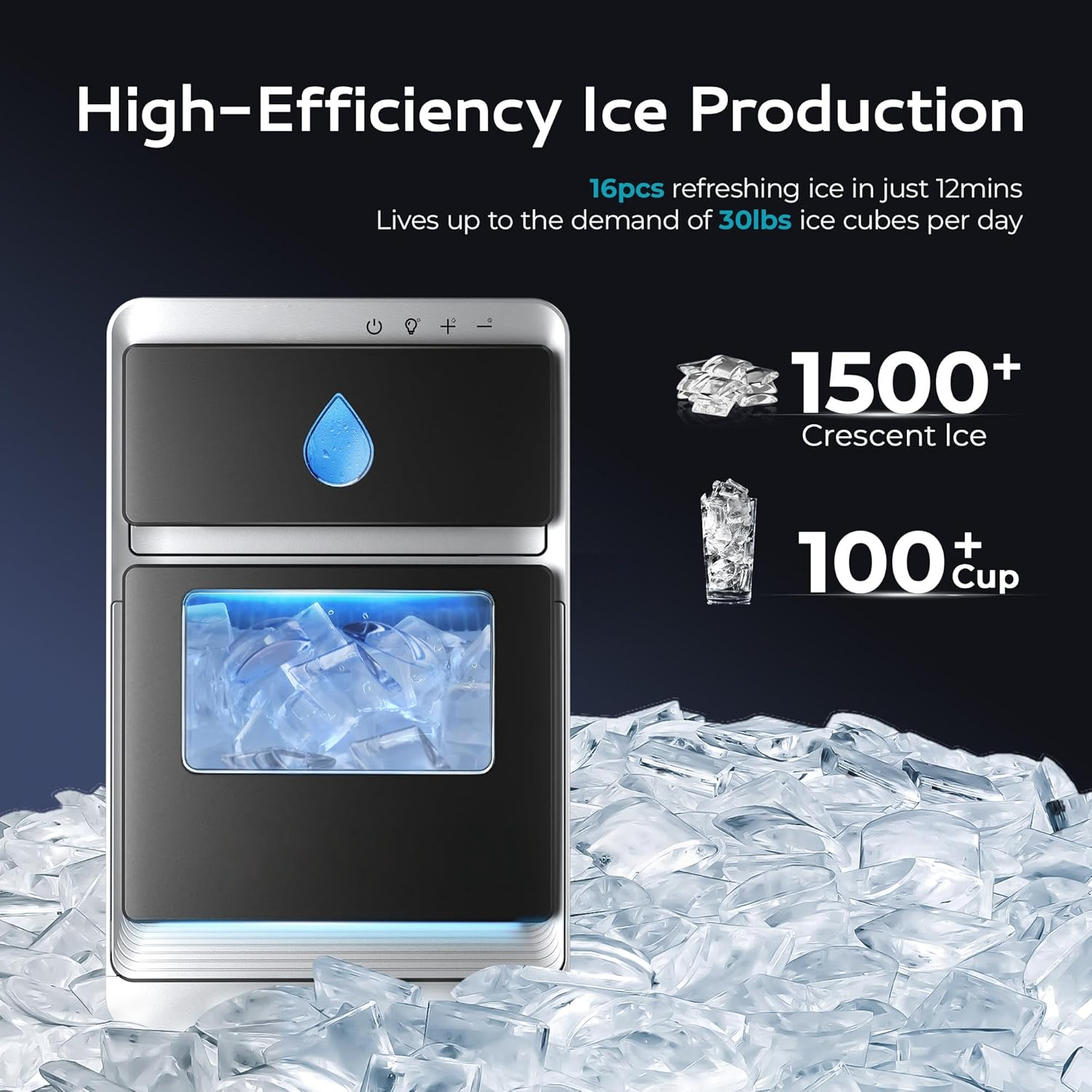 Countertop Ice Maker, 1600Pcs/Day, 12 Mins Fast Ice, Auto-Cleaning & Timer, Portable Clear Ice Machine for Home Drinks