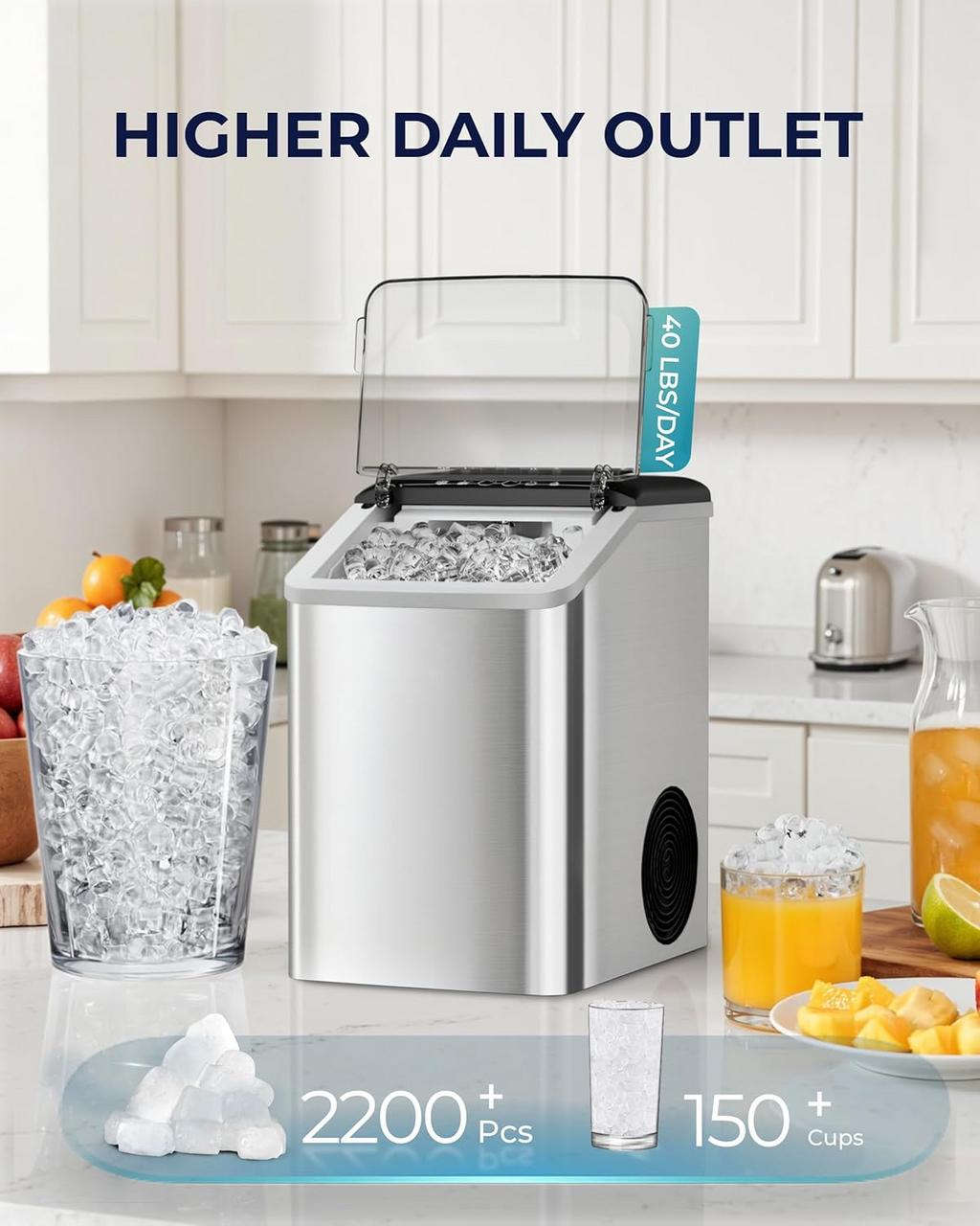 Countertop Nugget Ice Maker, 40lbs/Day, Auto-Cleaning Compact Sonic Ice Maker with Basket & Scoop