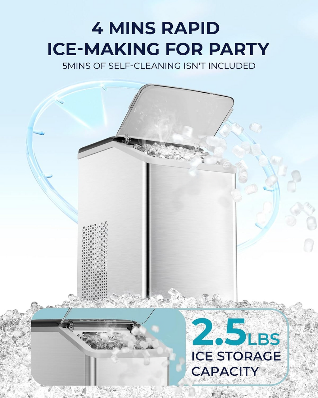 Countertop Nugget Ice Maker, 40lbs/Day, Auto-Cleaning Compact Sonic Ice Maker with Basket & Scoop