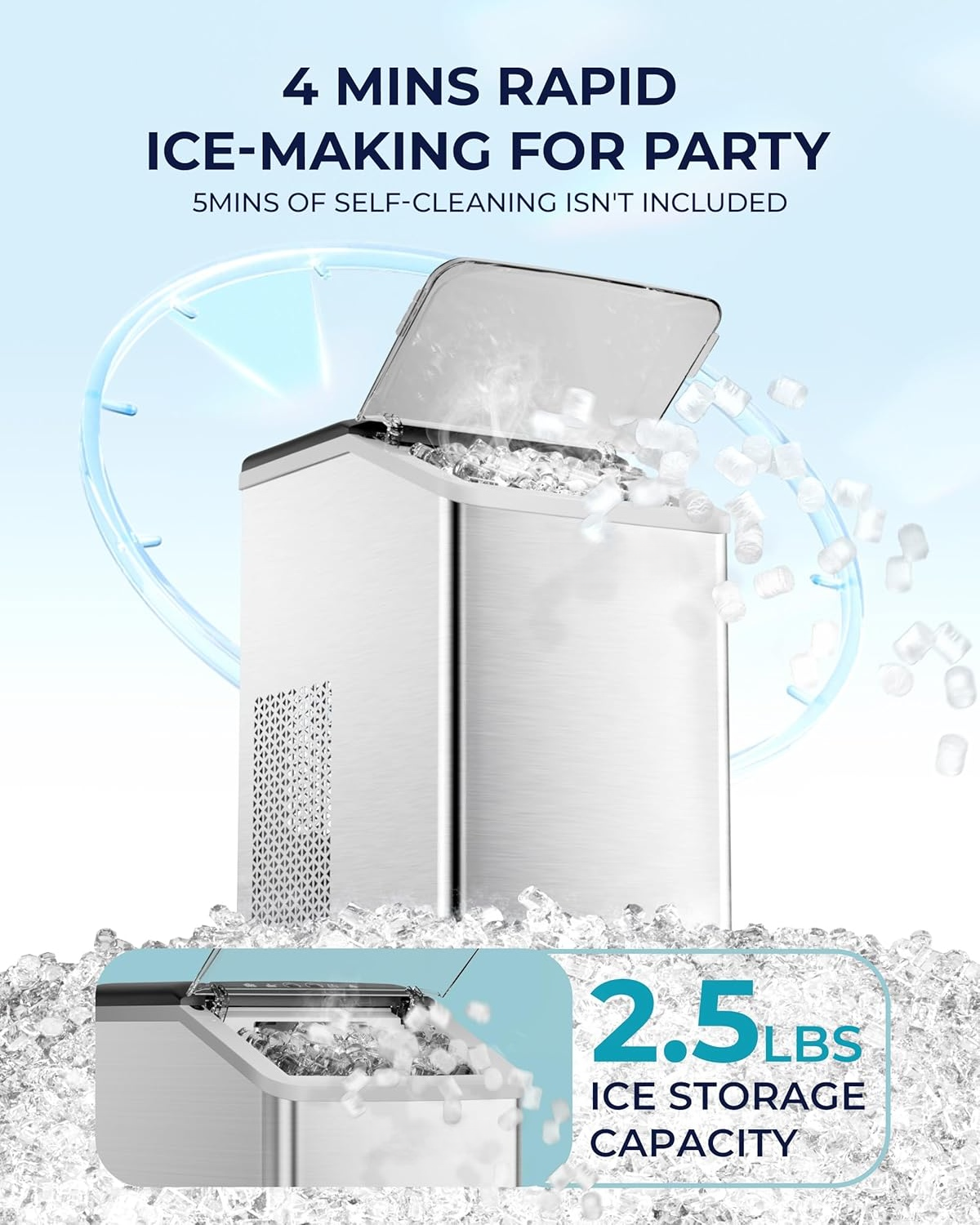 Countertop Nugget Ice Maker, 40lbs/Day, Auto-Cleaning Compact Sonic Ice Maker with Basket & Scoop