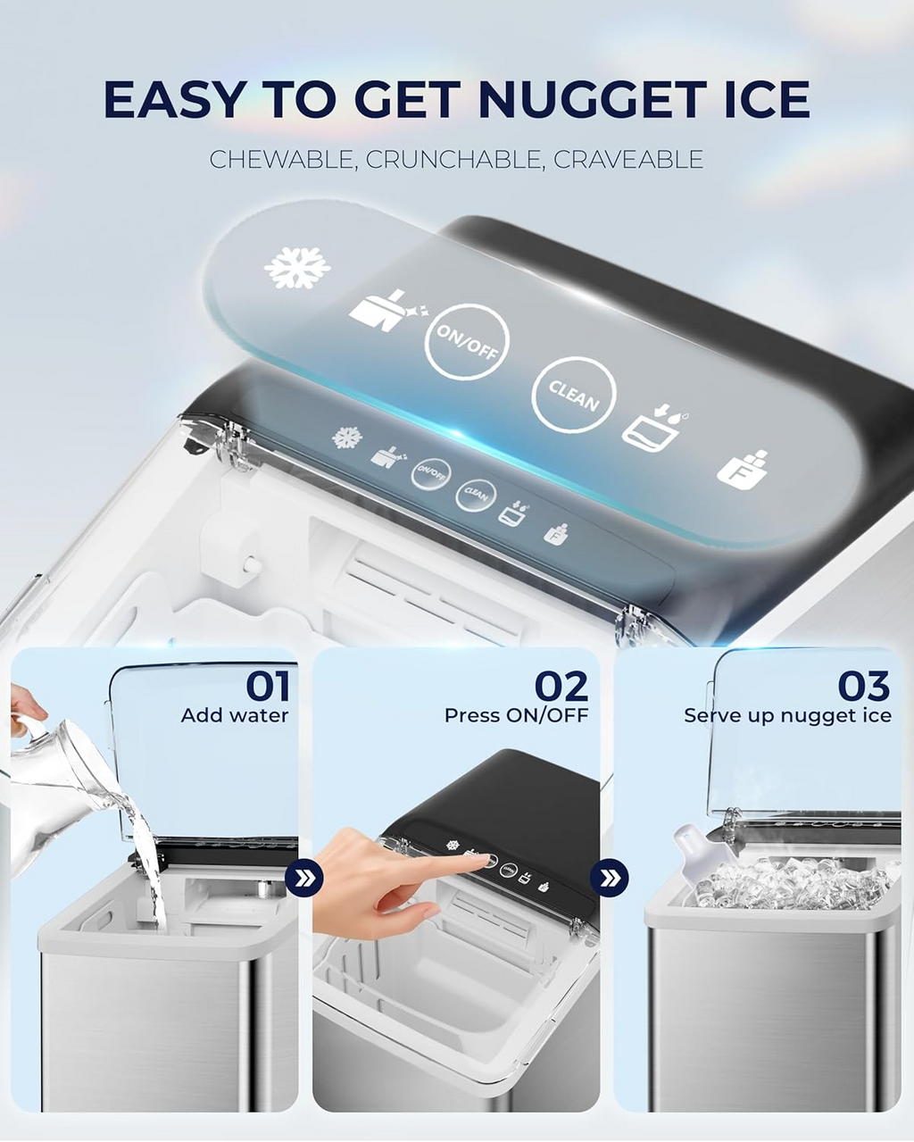 Countertop Nugget Ice Maker, 40lbs/Day, Auto-Cleaning Compact Sonic Ice Maker with Basket & Scoop