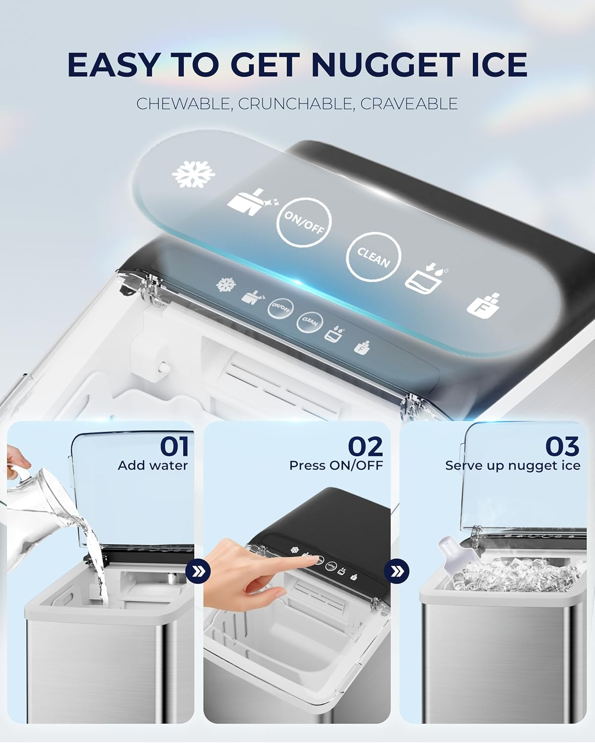 Countertop Nugget Ice Maker, 40lbs/Day, Auto-Cleaning Compact Sonic Ice Maker with Basket & Scoop