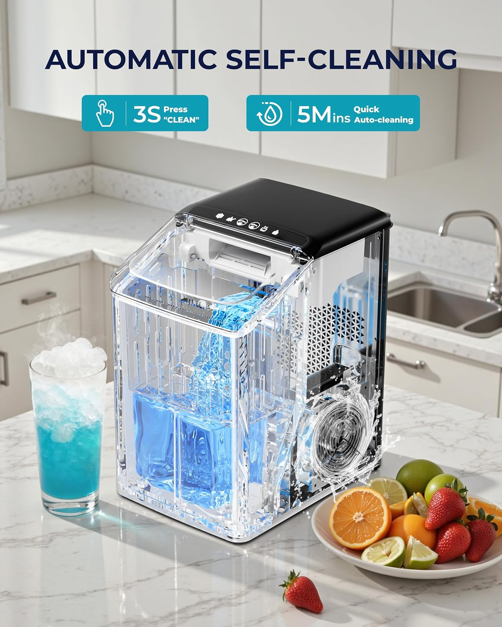 Countertop Nugget Ice Maker, 40lbs/Day, Auto-Cleaning Compact Sonic Ice Maker with Basket & Scoop