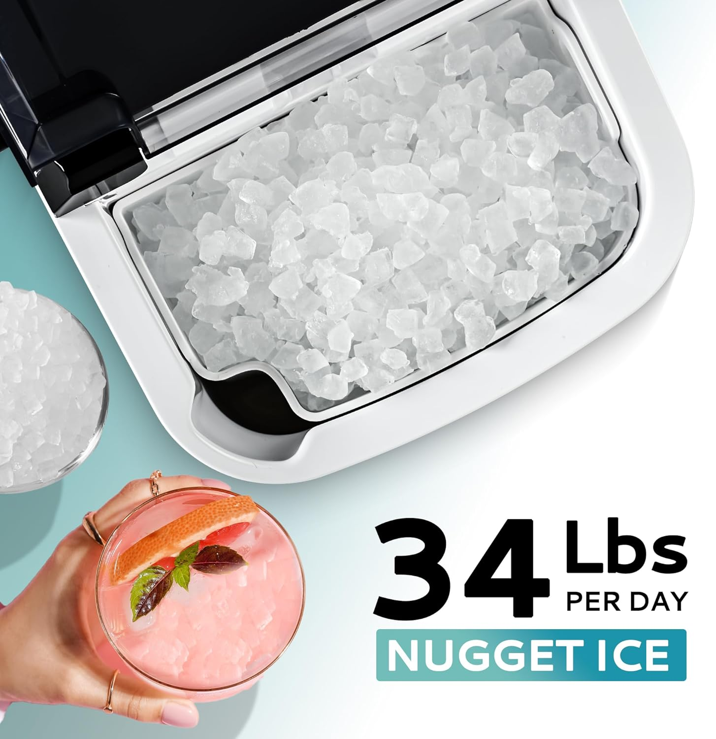 Countertop Ice Maker with Handle & Removable Cover, 6 Mins Fast, 34lbs/Day Portable Sonic Ice Maker for Home, RV, Camping