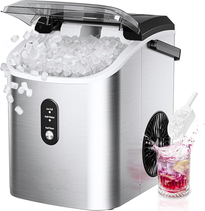 Countertop Ice Maker with Handle & Removable Cover, 6 Mins Fast, 34lbs/Day Portable Sonic Ice Maker for Home, RV, Camping