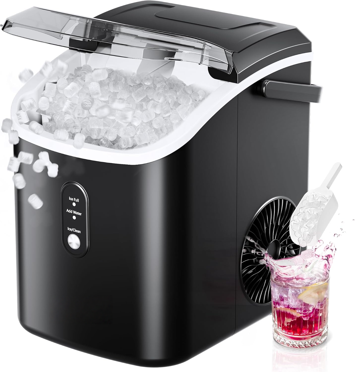 Countertop Ice Maker with Handle & Removable Cover, 6 Mins Fast, 34lbs/Day Portable Sonic Ice Maker for Home, RV, Camping