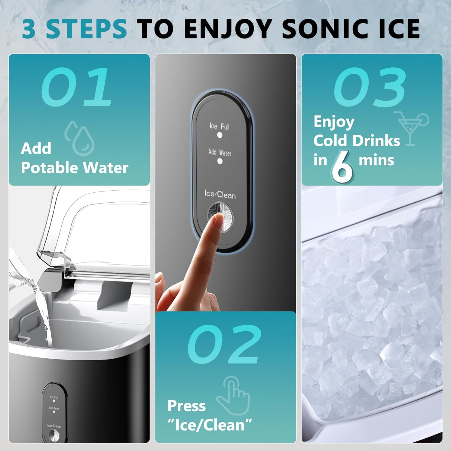 Countertop Ice Maker with Handle & Removable Cover, 6 Mins Fast, 34lbs/Day Portable Sonic Ice Maker for Home, RV, Camping