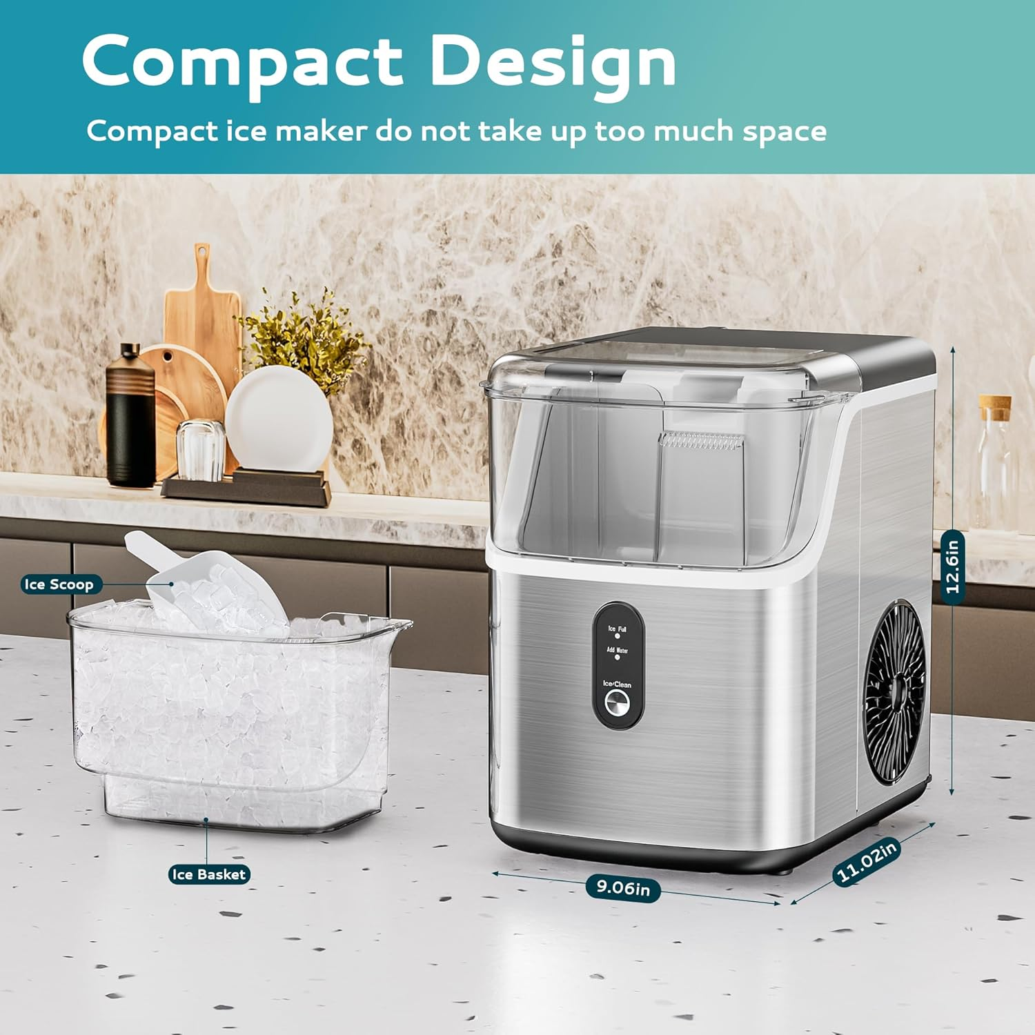 - Countertop Ice Maker with Scoop & Basket, 35lbs/24H Self-Cleaning Sonic Pebble Ice Machine (Silver Stainless Steel)