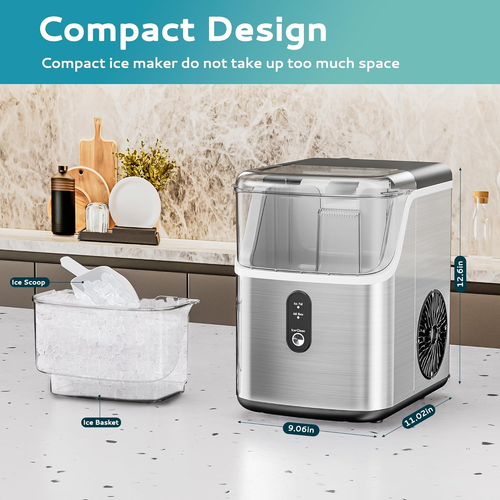 - Countertop Ice Maker with Scoop & Basket, 35lbs/24H Self-Cleaning Sonic Pebble Ice Machine (Silver Stainless Steel)