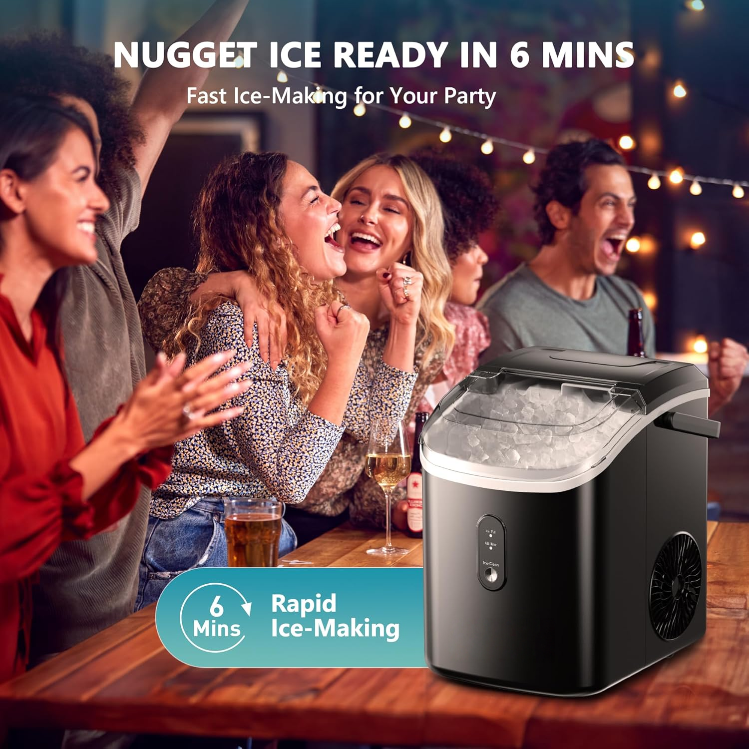Countertop Ice Maker with Handle & Removable Cover, 6 Mins Fast, 34lbs/Day Portable Sonic Ice Maker for Home, RV, Camping