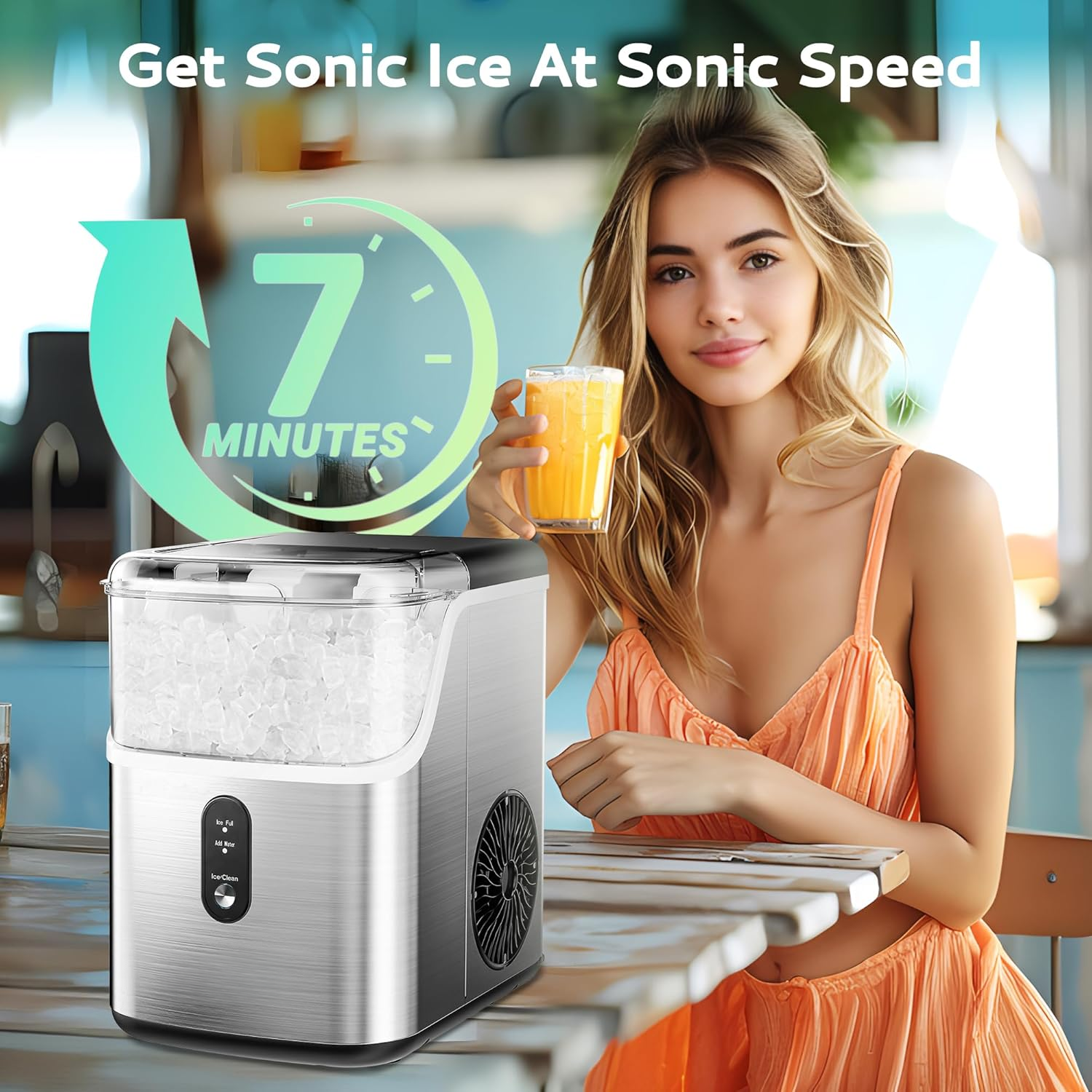 - Countertop Ice Maker with Scoop & Basket, 35lbs/24H Self-Cleaning Sonic Pebble Ice Machine (Silver Stainless Steel)